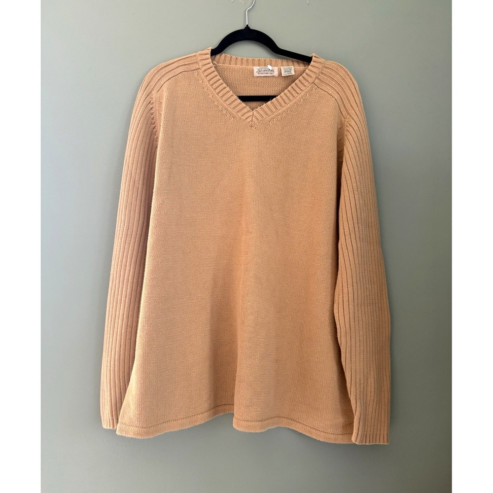 VTG St. John's Bay Men's Beige V-Neck Ribbed Knit Cotton Pullover Sweater 2XL
